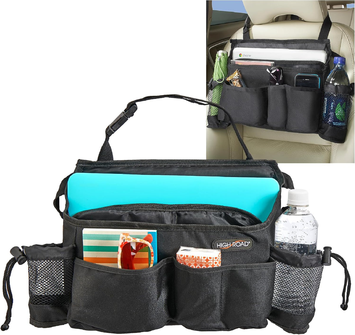 High Road SwingAway Front Seat Car Organizer for Daily Driving Essentials with Side Bottle and Cup Holders