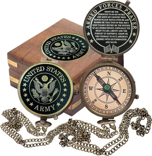 Army Gift, U.S Army Military for Men and Women, Engraved Army Compass with Leather case, United State Army Gift, Army Brass Compass, Army Retirement Gift, Personalized Compass (Army Wooden Box)