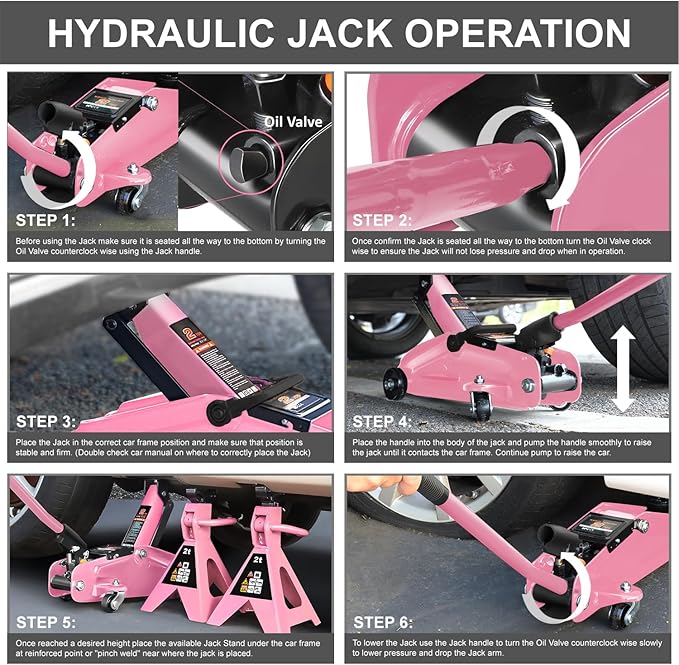 PM PERFORMOTOR Low Profile Hydraulic Trolley Service/Floor Jack Combo with 2 Ratchet Jack Stands, 2 Ton (4000 lbs) Capacity, Pink, PM-TOL-FJ3P-PK
