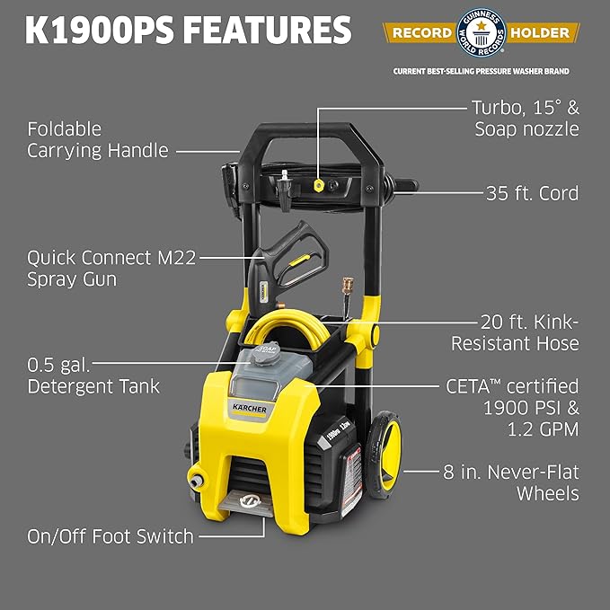 Kärcher Pressure Washer K1900PS, CETA Certified, 3 Spray Nozzles, Detergent Tank, for Cars, Driveways, Siding, Patios, 1.2 GPM