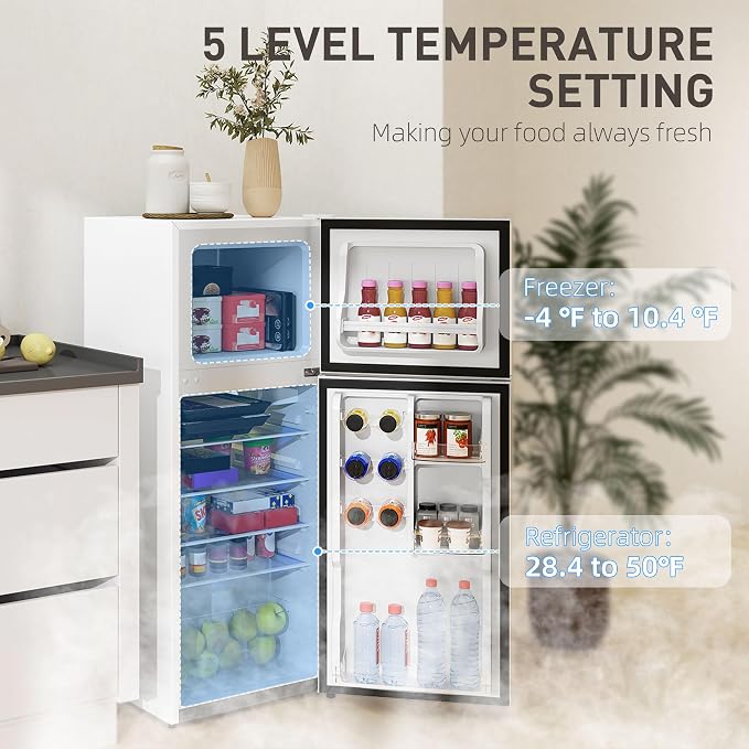 HOMCOM 4 Cu.Ft Mini Fridge with Freezer Double Reversible White | Compact Refrigerator, Adjustable Thermostat, Shelf, for Bedroom Dorm Home Office, Energy Efficient