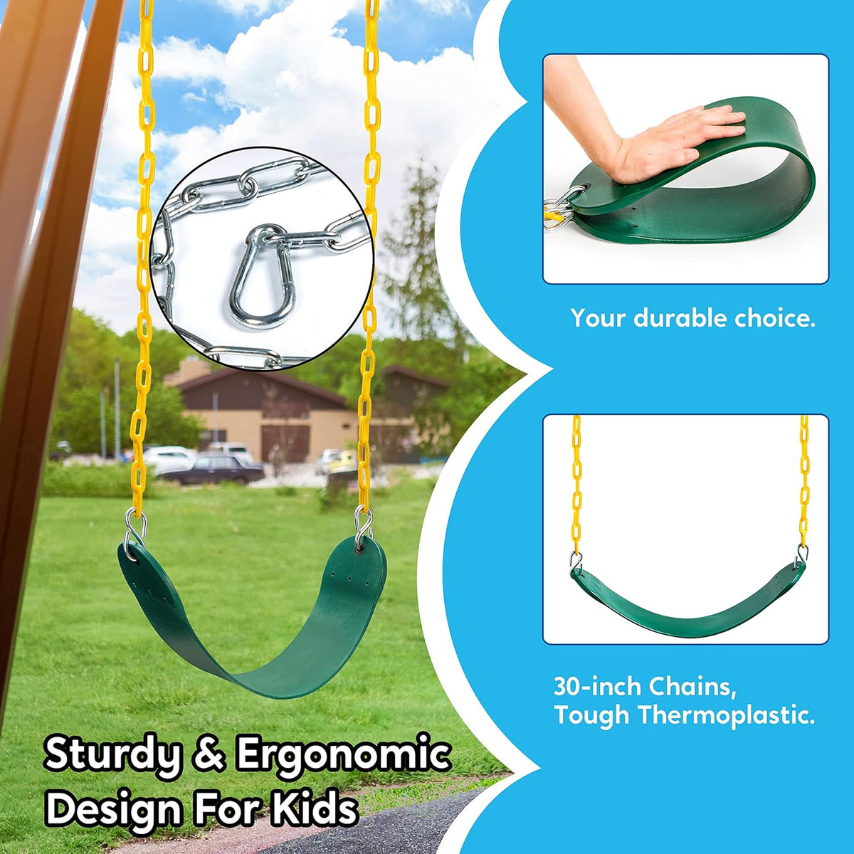 TURFEE Heavy Duty Swing Seat - Green Replacement with 66” Chain & Snap Hooks for Kids Outdoor Play