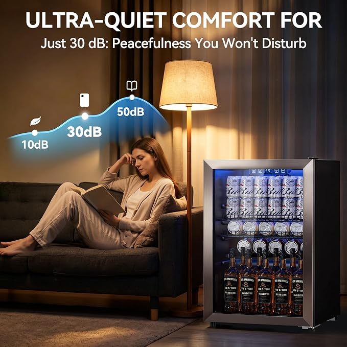 Tehanld 2.5 Cu.Ft Beverage Fridge, Glass Door Mini Fridge, Silver, 96 Can | Adjustable Shelves for Wine & Beer, Digital Temp, Holds Up to 96 Cans, Freestanding for Home & Office