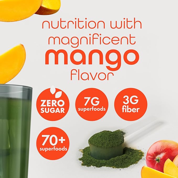 Organic Super Greens Powder, 70+ Superfoods, 0 Sugar, 3G Fiber, Spirulina, Chlorella, Antioxidants, Prebiotics/Probiotics, Digestive Enzymes, Mango, 30 Servings