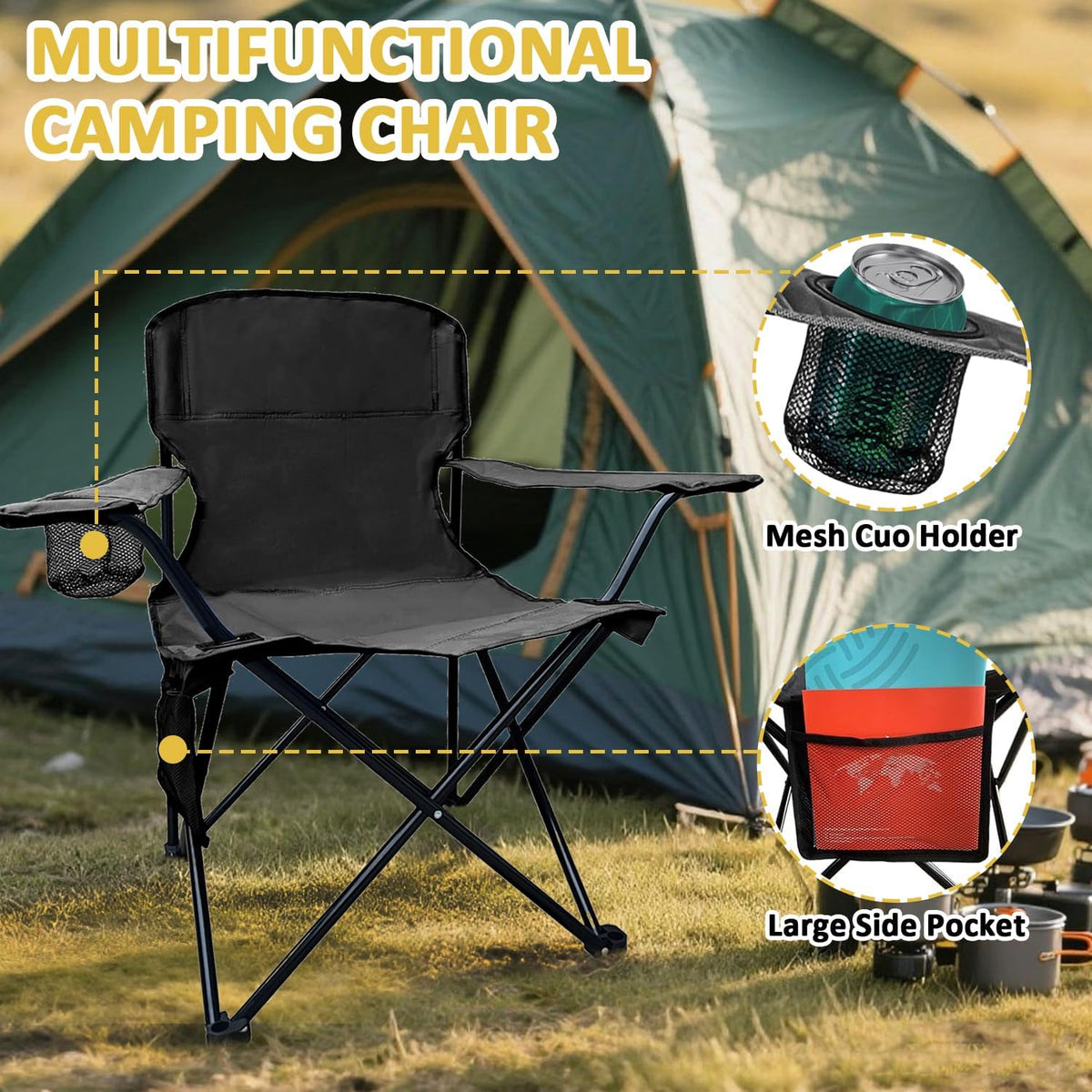 Skiennix Folding Camping Chair - Portable High Back Outdoor Chair with Cup Holder & Storage Bag | Supports 300lbs, Black