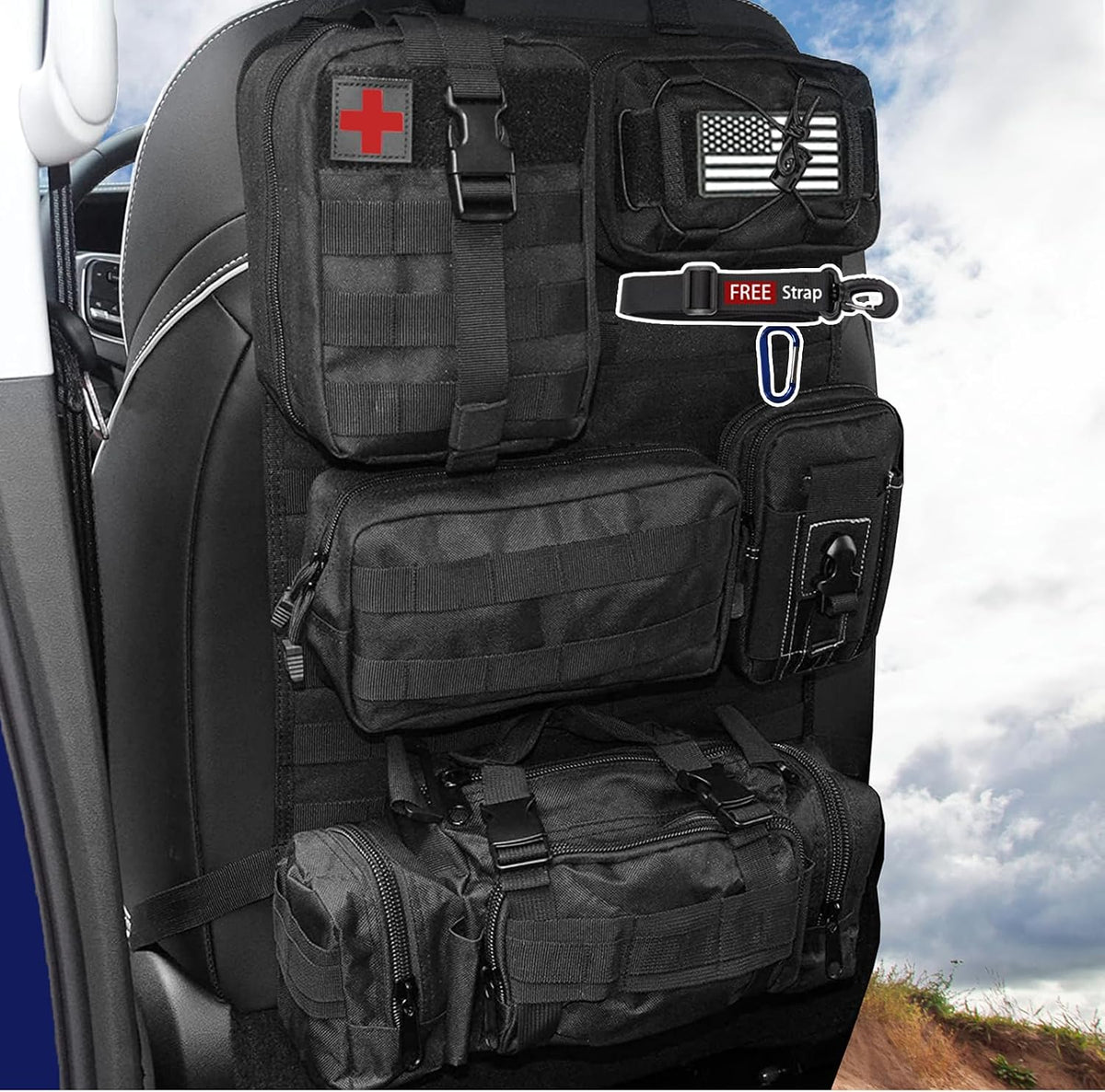 6 Pack Tactical Molle Automotive Seat Back Organizer Tactical Vehicle Panel Organizer with 5 Detachable Molle Pouch for Car Truck Ford Jeep Vehicle,US Flag Patch For Man (5 Pouches)