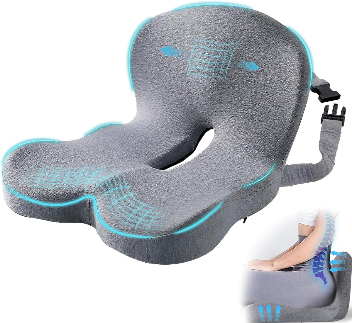 Car Seat Cushion, Memory Foam Driving Cushion with Adjustable Strap, Ergonomic Pad for Car & Semi Truck, Office Chair Cushion for Sciatica & Lower Back Pain Relief, Light Gray