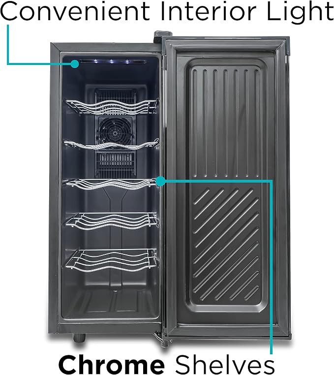 BLACK+DECKER 12-Bottle Thermoelectric Wine Chiller, BD60336, Mirrored Door | Thermoelectric Wine Cooler with Temperature Control, 12 Bottle Fridge for Reds, Whites and More, LED Display, Chrome Racks