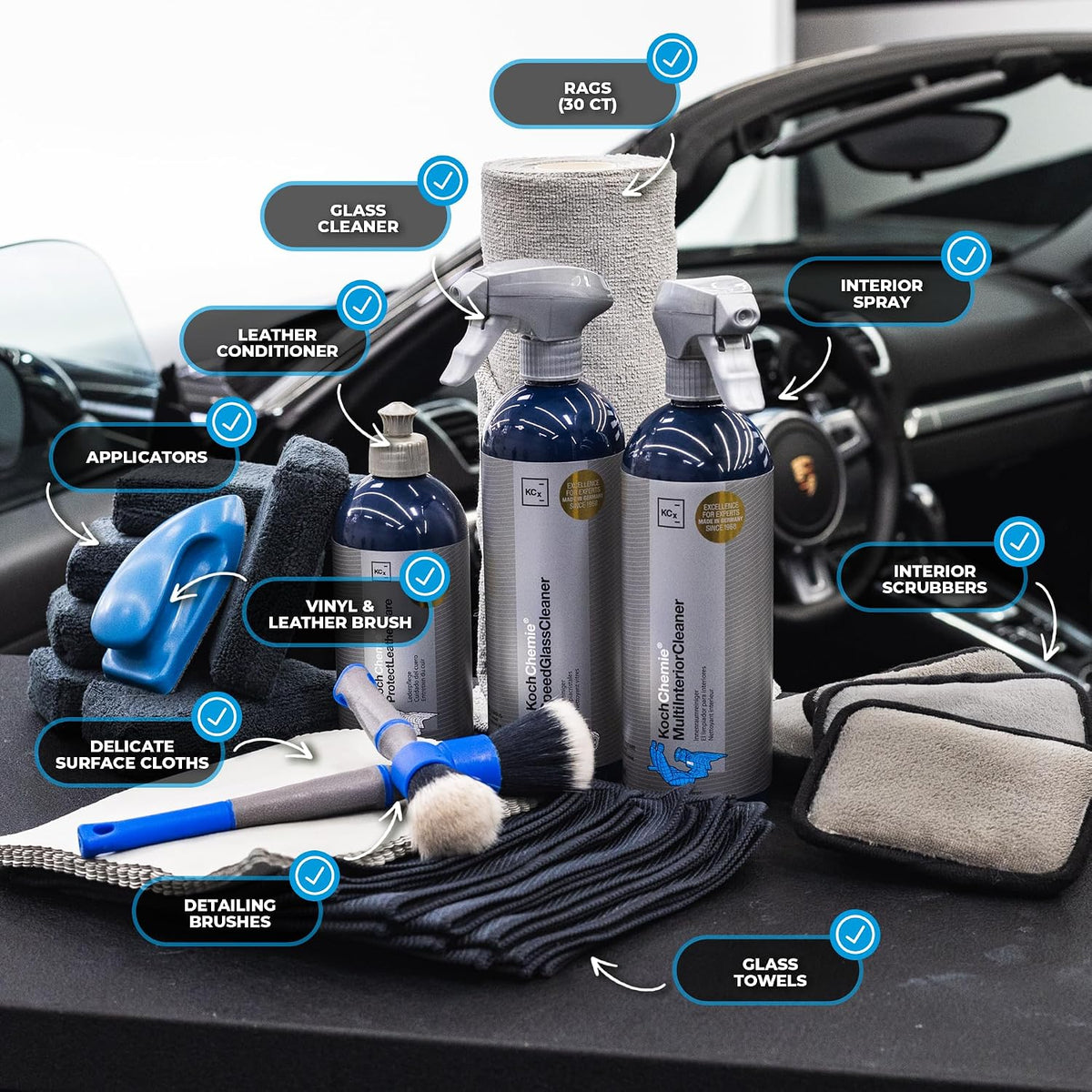 The Rag Company - Complete Leather &amp; Interior Car Cleaning Kit - Includes Glass and Interior Cleaners, Leather Care, Microfiber Towels, Brushes and Scrubbers, Cloths, Applicators - 33 Item Set