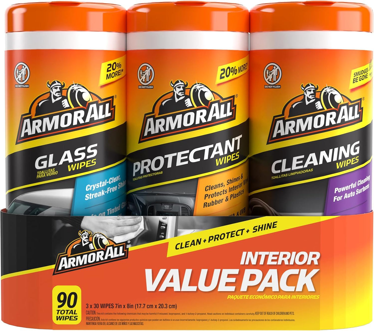 Armor All Car Interior Value Pack, 90 Count, Includes Auto Glass Cleaner, Cleaning Wipes and Protectant Wipes
