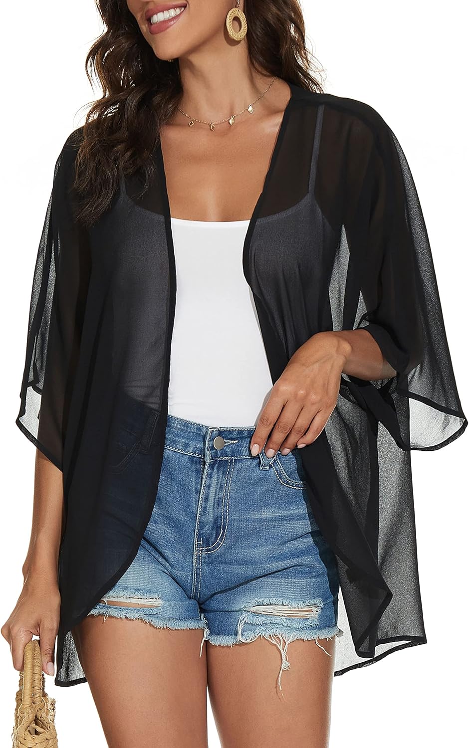 Skiennix Women's Floral Print Kimono Cardigan - Stylish Puff Sleeve Cover-Up | Casual Blouse Top