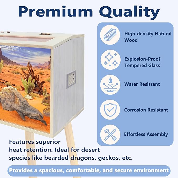 Prolee 26 Gallon Reptile Tank, Tempered Glass Bearded Dragon Tank with Wooden Roof and Lockable Doors, Large Lizard Habitat for Snakes, Iguanas, Chameleons (Oak)