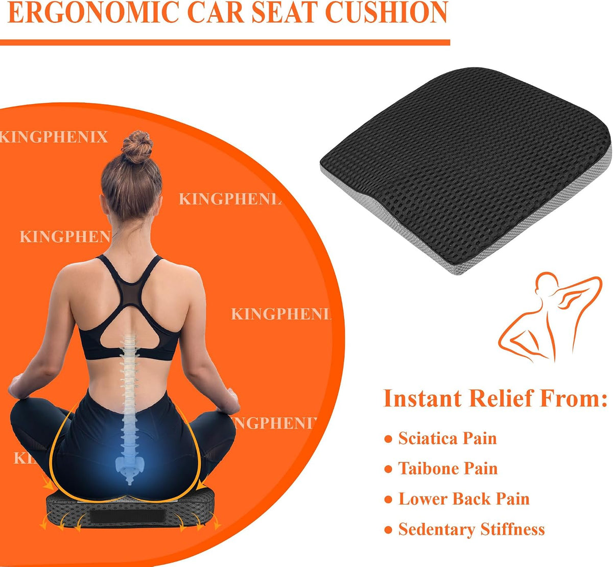 kingphenix Memory Foam Car Seat Cushion for Driving Comfort and Office Use