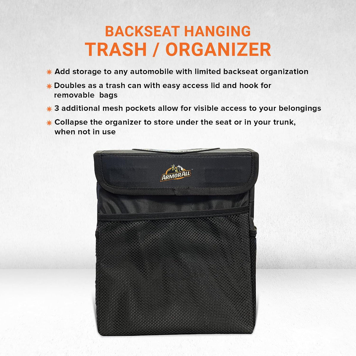 Armor All Car Trash Can & Organizer, 2.63 Gallon Waterproof Covered Garbage Bin, 3 Mesh Pockets, Collapsible for Easy Storage, Adjustable Strap & Hook for Backseat Hanging, 9.5” L x 6.25” D x 10.25” H