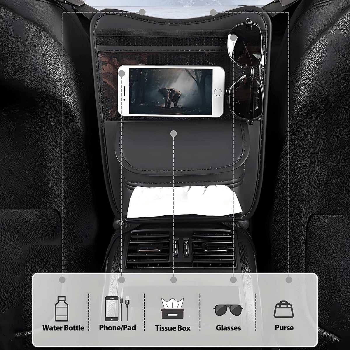 Car Organizer Storage Between Seats, Premium Leather Car Storage Bag Pocket Handbags Purse Holder with Tissue Box, Touch Screen Phone Holder, Console Front Seat Storage Barrier (Brown)