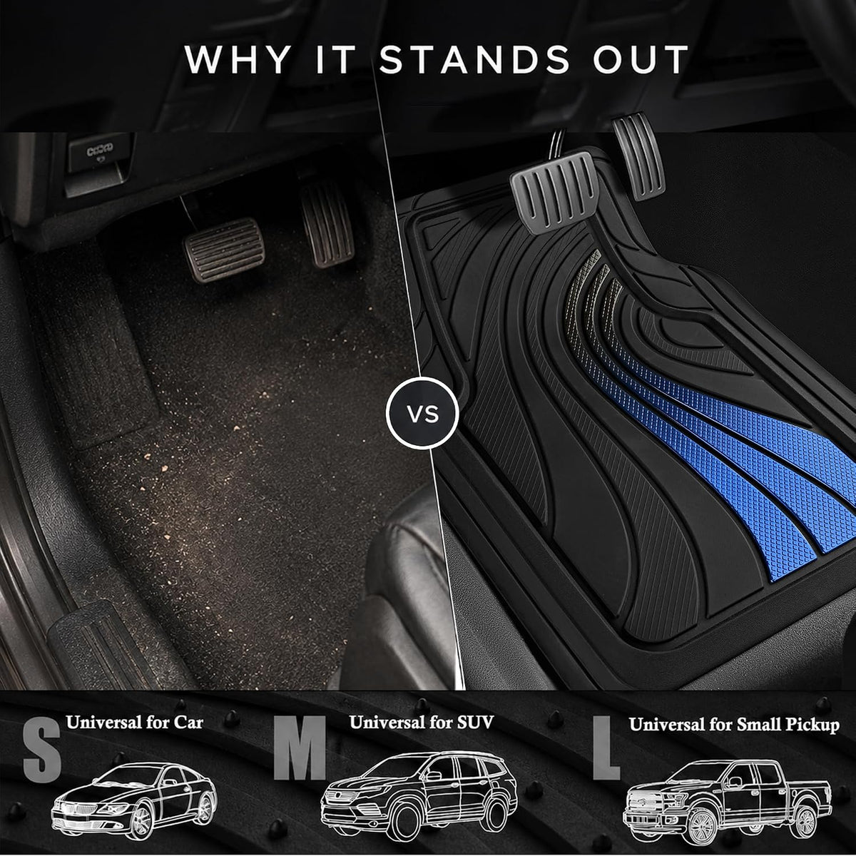 Road Comforts Car Floor Mats Full Set – Front & Rear Car Floor Mats with Aluminum Design, Anti-Slip Backing, All-Weather Protection, Trim-to-Fit Car Mats for Most Sedans, SUVs & Vans - - Blue