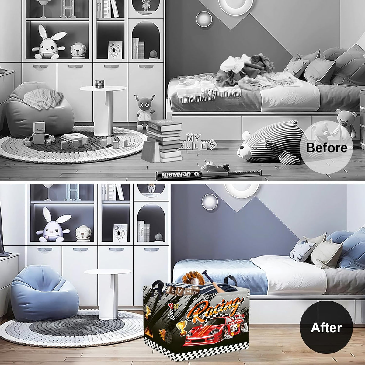 Clastyle Sport 3D Racing Car Boy Room Basket Racing Flag Monster Truck Toy Book Shelf Basket Large Rectangle Collapsible Dirty Clothes Storage Bin, Black, 40 * 30 * 30 cm