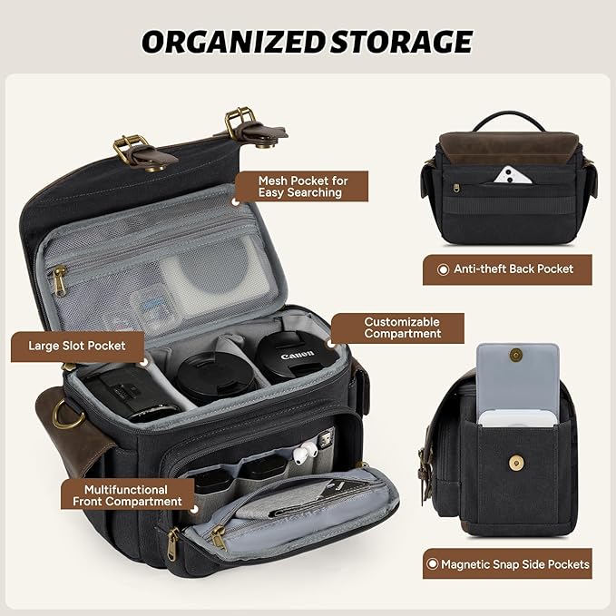 RAINSMORE Camera Bag, Vintage Canvas Camera Sling Bag Small Waterproof DSLR SLR