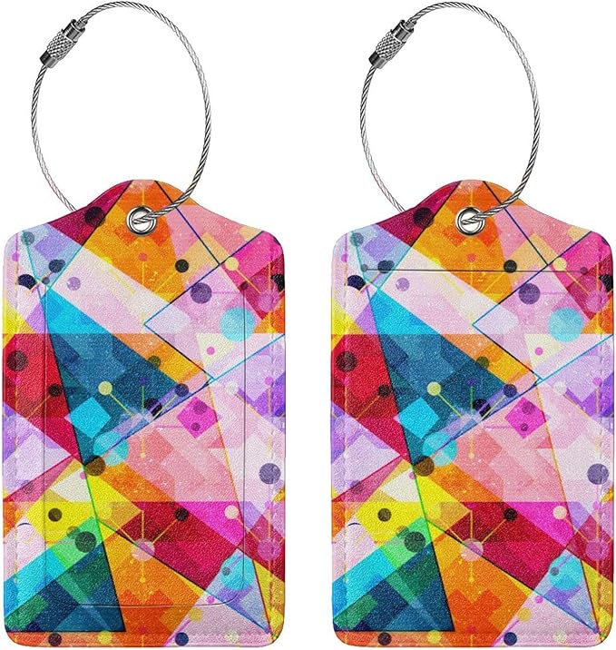 2-Pack PU Leather Luggage Tag with Colorful Geometric Pattern, Rainbow Airport Suitcase Baggage Label Tags, Business ID Card Holders Gifts for Women Men Girls Boys Kids Crew
