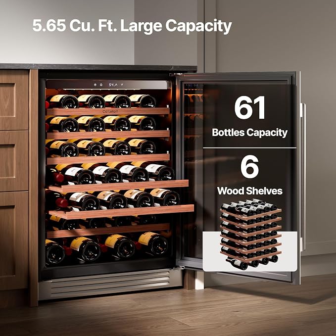 Ca'Lefort 24 Inch Wine Fridge, 61 Bottle Under Counter Wine Cooler | 40-65°F Touch Control, Dual-Pane Glass Door, Adjustable Shelves, 3 Color LED, Built-In or Under Counter for Home Bar Kitchen