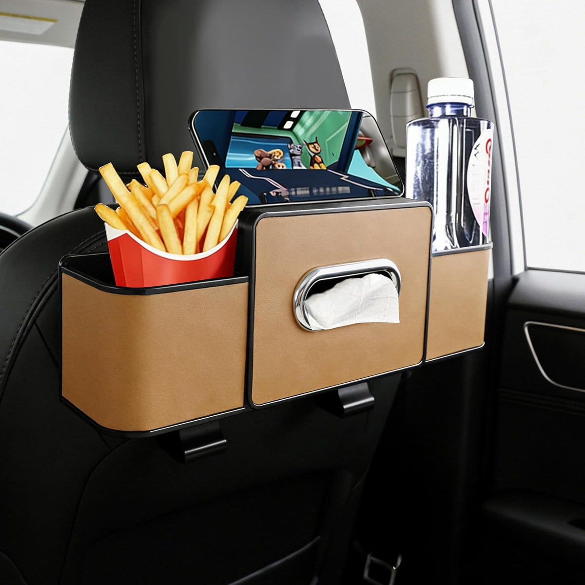 Amooca Back Seat Car Organizer, 4+2 in 1 Multifunctional Car Backseat Storage Box with 5 Cup Holders Tissue Box Hook, Car Interior Storage for Travel Phones Snacks Drinks(Orange)