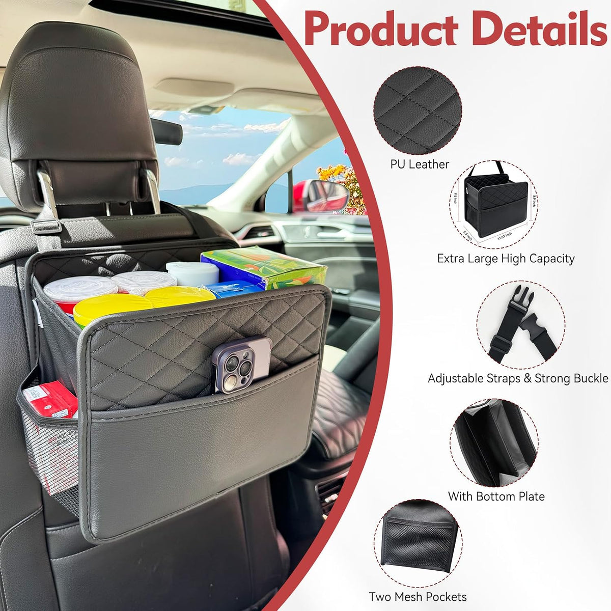 Witaxima Upgraded Extra Large Car Seat Organizer Backseat with 3 Storage Pockets, Multipurpose Car Organizer Hanging Car Trash Bag Can Premium PU Leather Garbage Can 3 Gallon Large Capacity, Black.