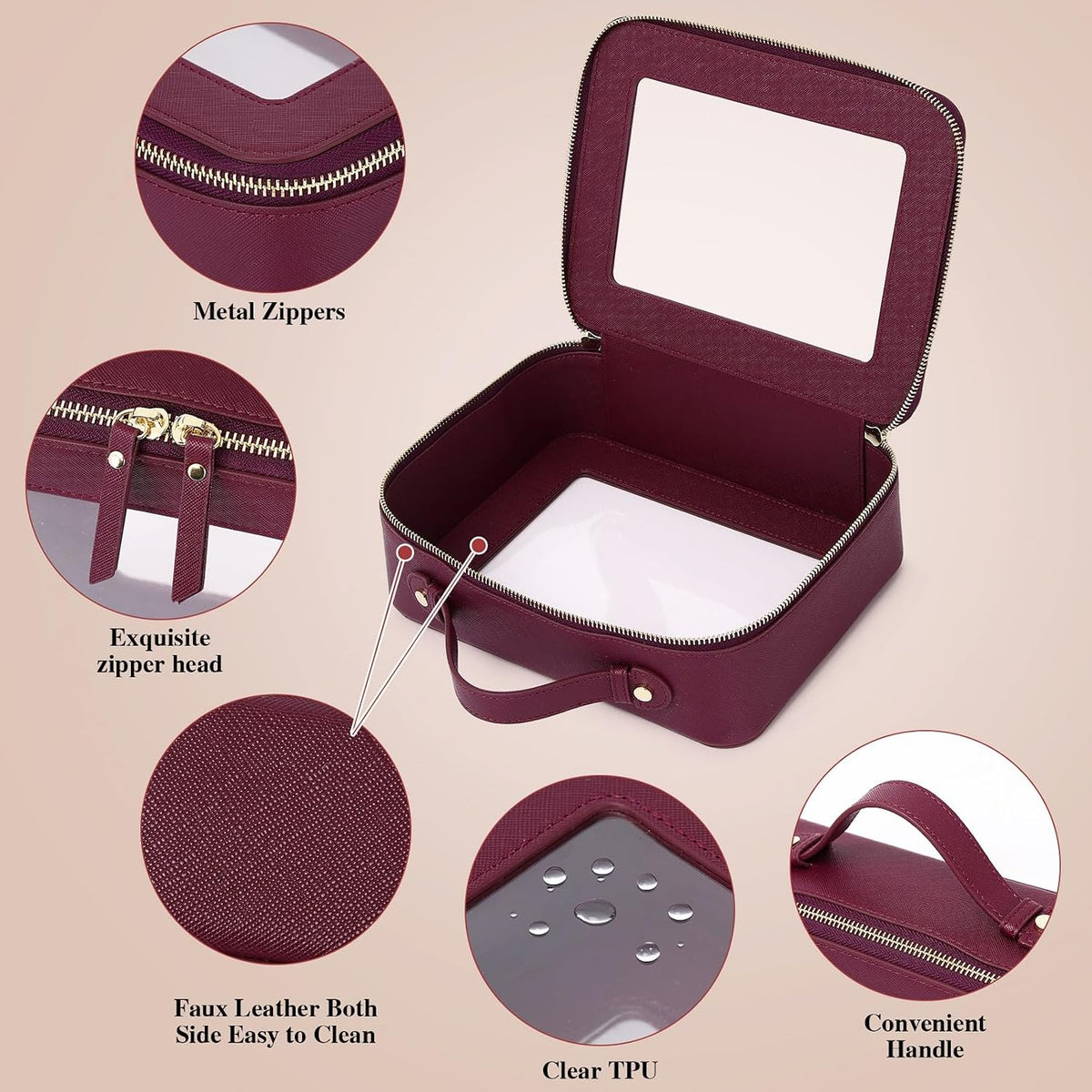 Pinkmik Clear Makeup Bag with Brush Bag, (Burgundy, L+SLIM)