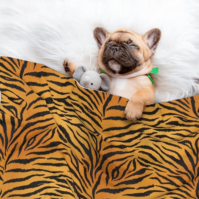 Pet Blanket for Travel and Home, Animal Print Tiger Black Gold, Reversible Plush Dot Design with Soft Grip Texture on One Side Perfect for Car Seats Moving Vehicles