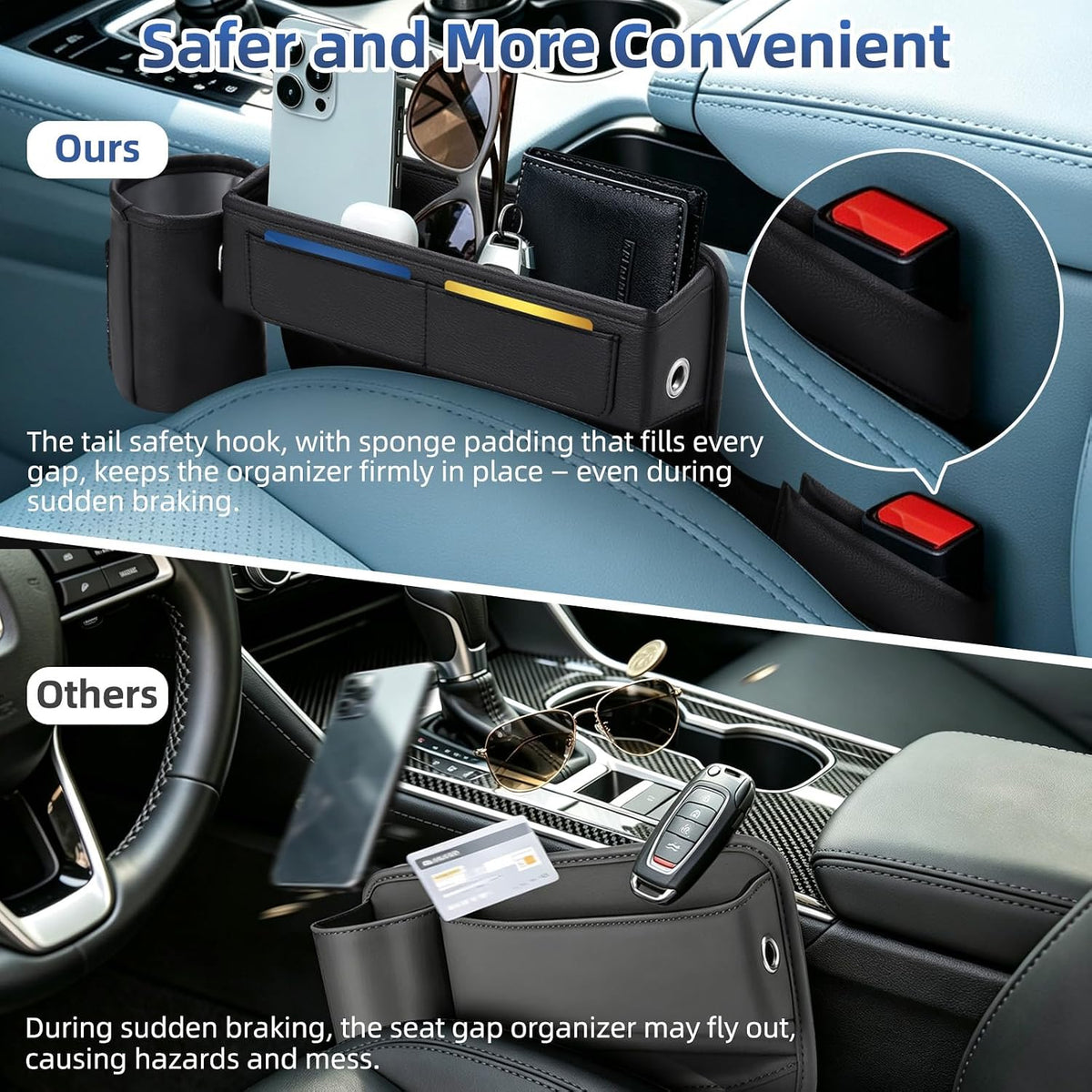 Premium Leather Car Seat Gap Filler Organizer & Cup Holder (1 Pair)