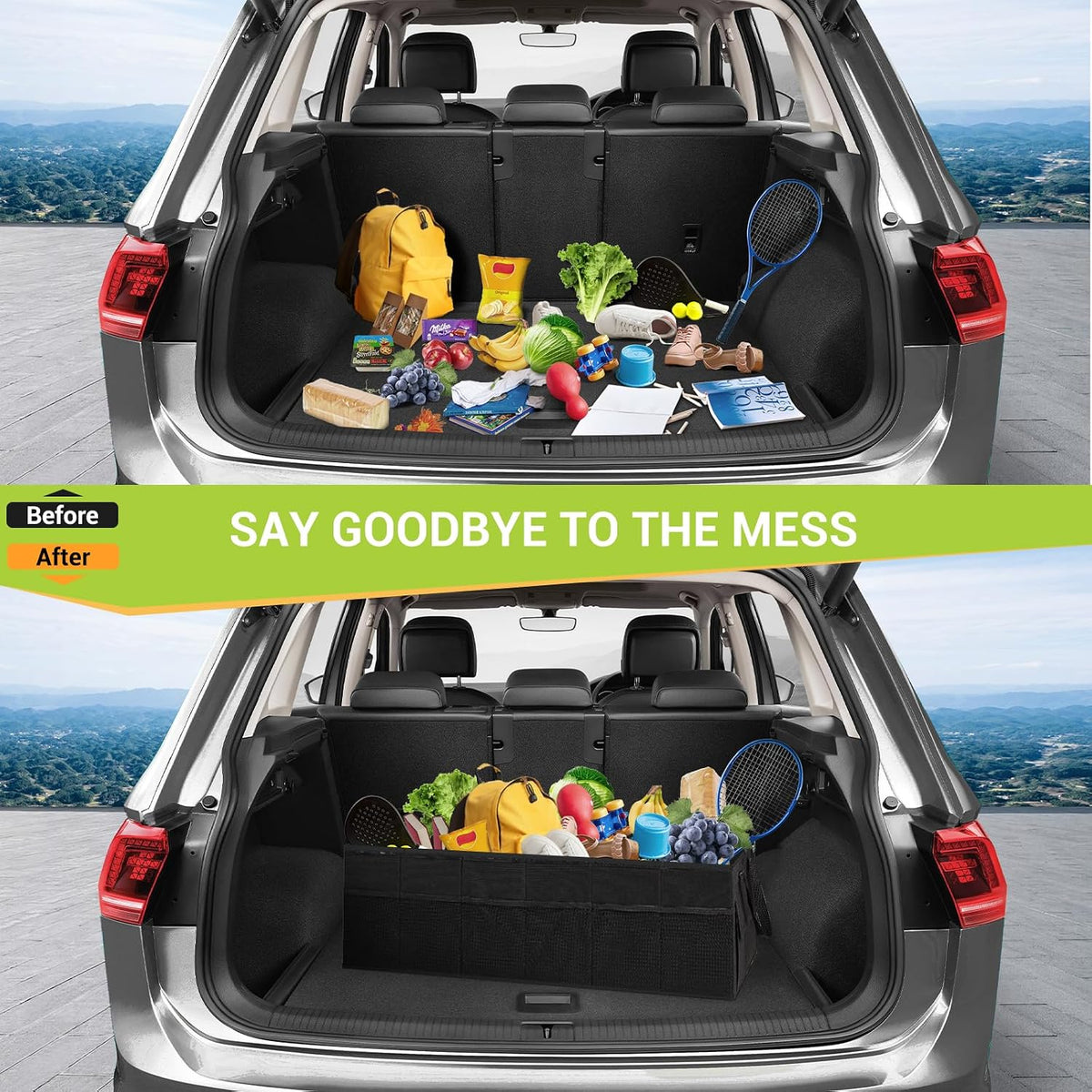 MIU COLOR Trunk Organizer for SUV, Collapsible Car Organizer with 12 Pockets, Non-Slip Bottom, Storage Organizer for Sedan, Van, Jeep, Grocery, Car Accessories, Large 3 Compartments, Black,32"×13"×12"