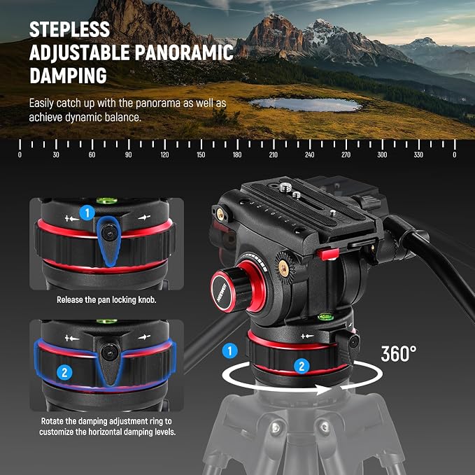 NEEWER 74" Video Tripod with Adjustable Damping Fluid Head, Metal Heavy Duty