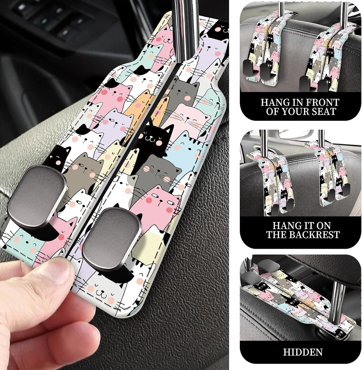 PU Leather Car Seat Hook, Storage Headrest Hanger, Cute Car Backseat Organizer, Car Hooks for Purses and Bags Multicolor Cat