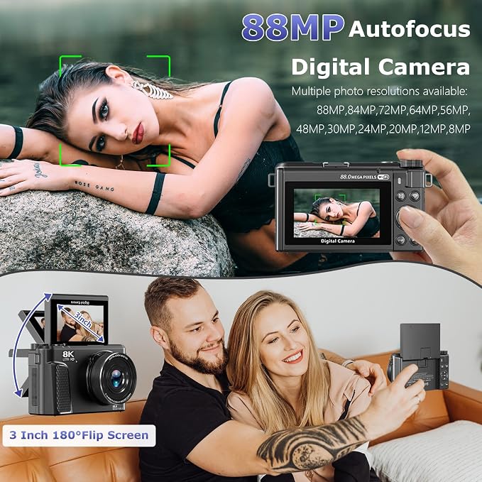 8K Digital Camera for Photography, 88MP Autofocus Vlogging Camera for YouTube