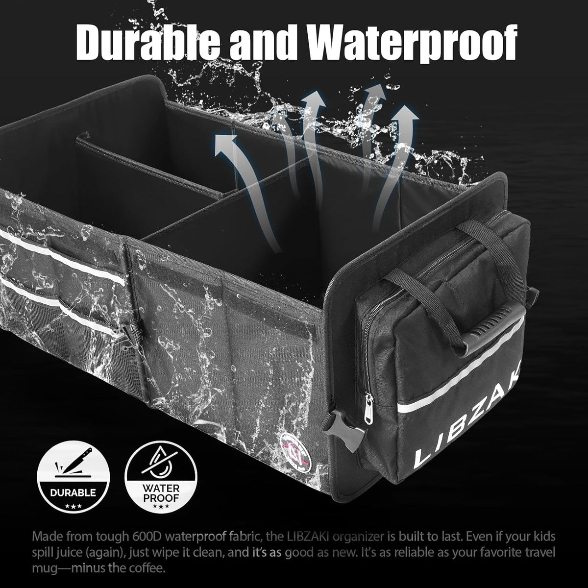 LIBZAKI Car Trunk Storage Organizer, Multi Compartment Collapsible Trunk Storage Box for Car Truck SUV-Black