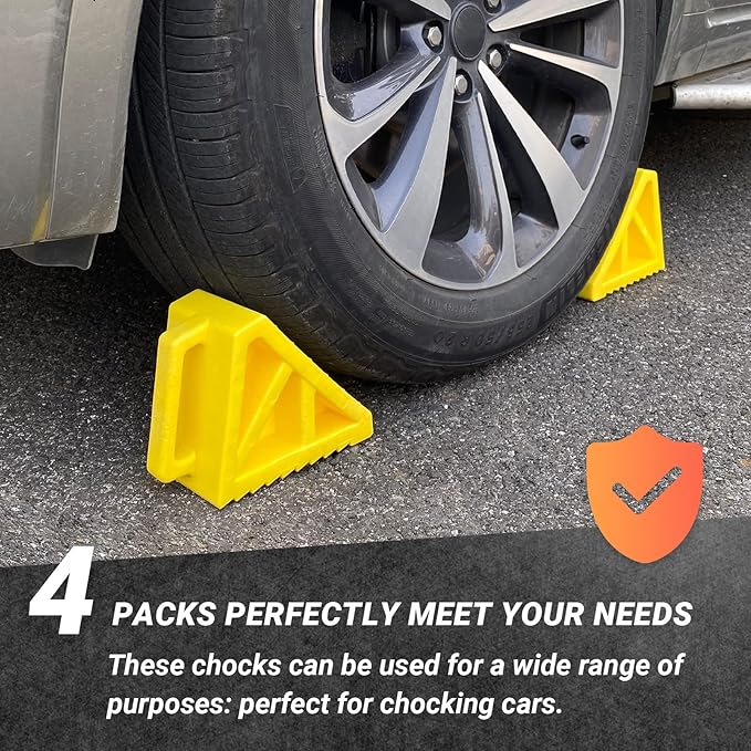 HOXWELL Wheel Chocks Premium, Heavy Duty Camper Vehicle Wedge Design with Black Rubber Bottom Chocks for Travel Trailers, Truck, Car, RV Yellow 4 Pcs