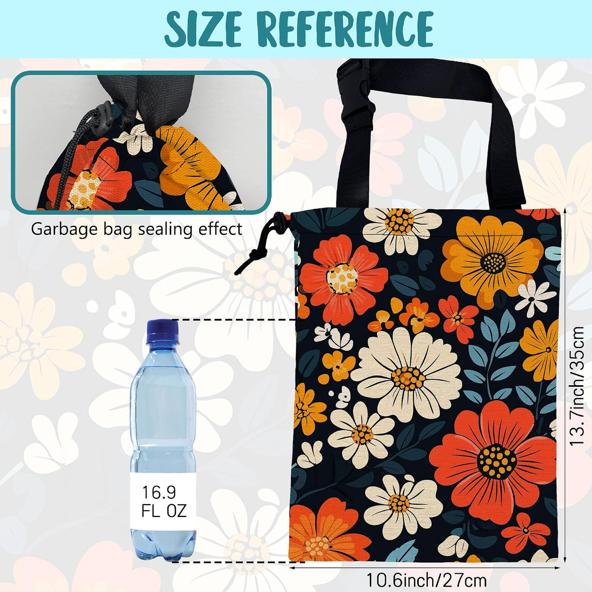 Car Garbage Bag Abstract Floral and Green Leaves Hanging Canvas Car Trash Bag Drawstring Car Back Seat Organizer for Car Back Front Seat Console with Adjustable Buckle