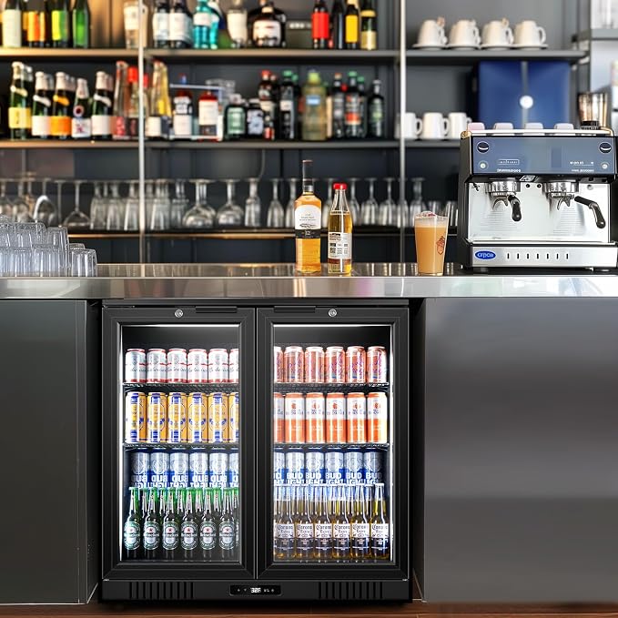 Back Bar Cooler 2 Door 216 Can Black | built-in/free, fast cool, temp memory, 2 locks, LED, low-e glass