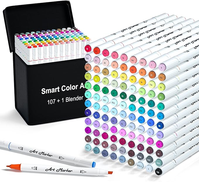 Smart Color Art 108 Pack Art Markers, 107 Alcohol Based Marker Pens and 1 Blender, Dual Tip Coloring Permanent Markers Highlighters with Case, Excellent for Adults Kids Marking Drawing Sketching