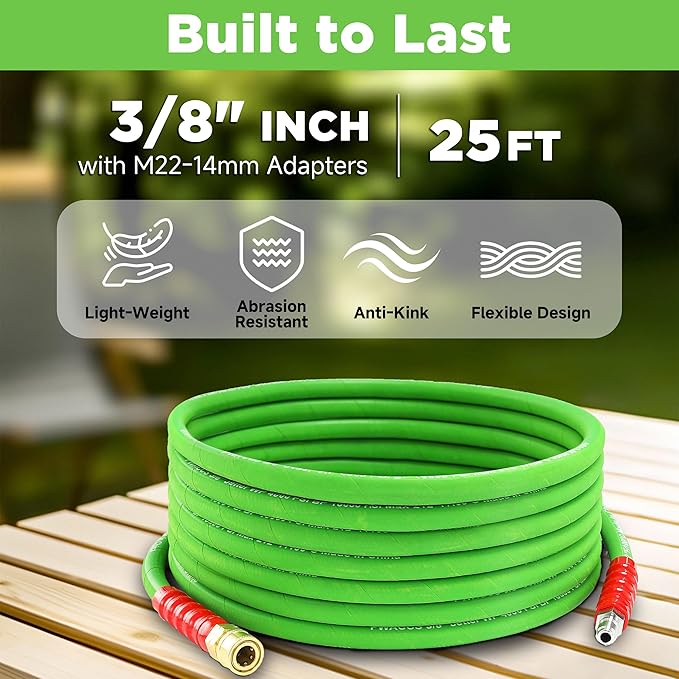 PWACCS Pressure Washer Hose, 25 FT 3/8" Quick Connect Power Washer Hoses Kink Resistant for Cold/Hot Water, Steel Wire Braided Pressure Hose, M22 14 Fittings, 4000 PSI