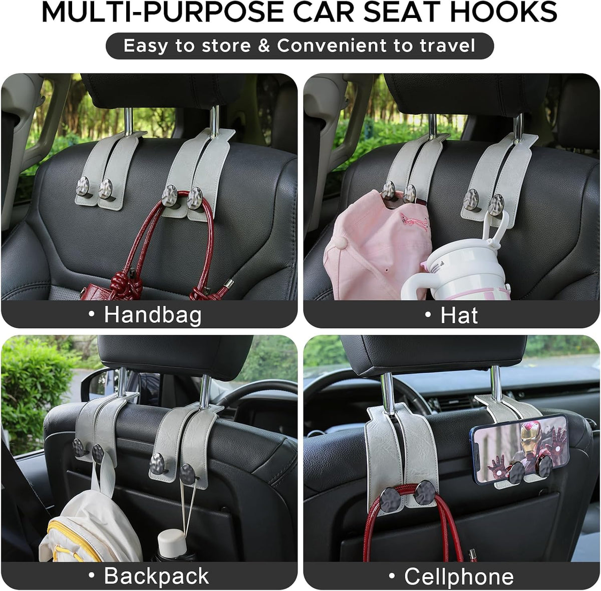 Leather Car Purse Hook for Headrest, 4 Pack, Grey-Black