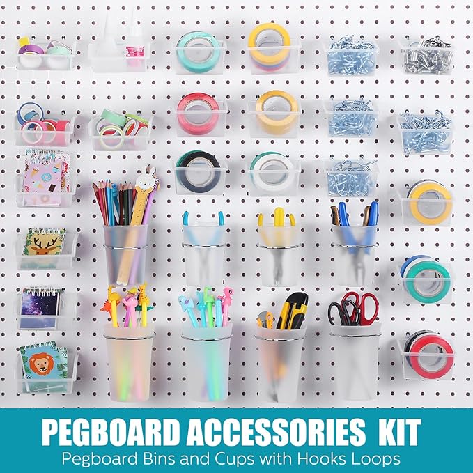 Sieral 64 Pieces Pegboard Bins Pegboard Cups with Hooks and Loops Peg Hooks Assortment Organizer Accessory for Organizing Accessories Tools Storage Office Workshop Garage Workbench (Transparent)