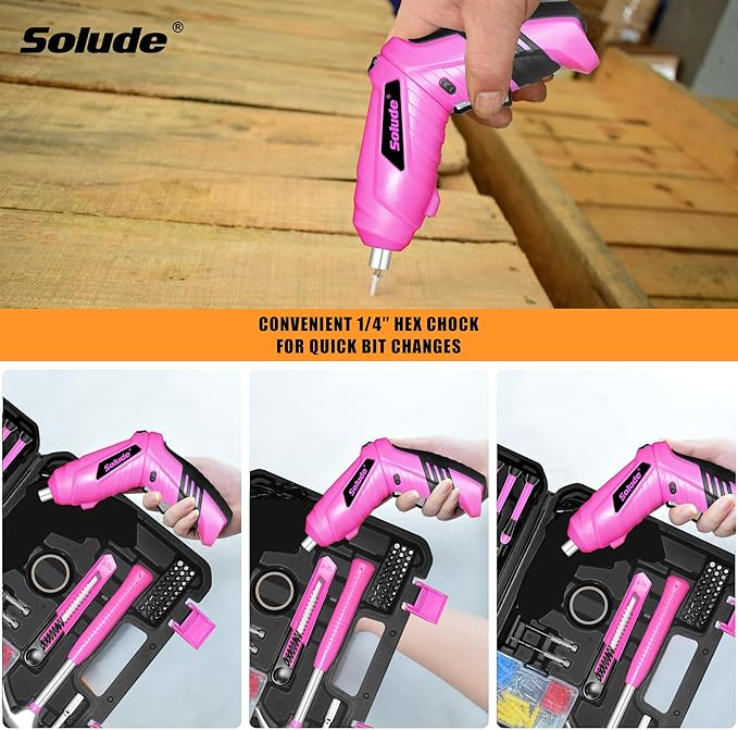 SOLUDE Pink Tool Set,130 Piece Home Tool Kit for Women with 3.6V Cordless Rechargeable Screwdriver,Basic Household Tool Kit Set for New Home,Apartment,College Dorm & DIY Projects
