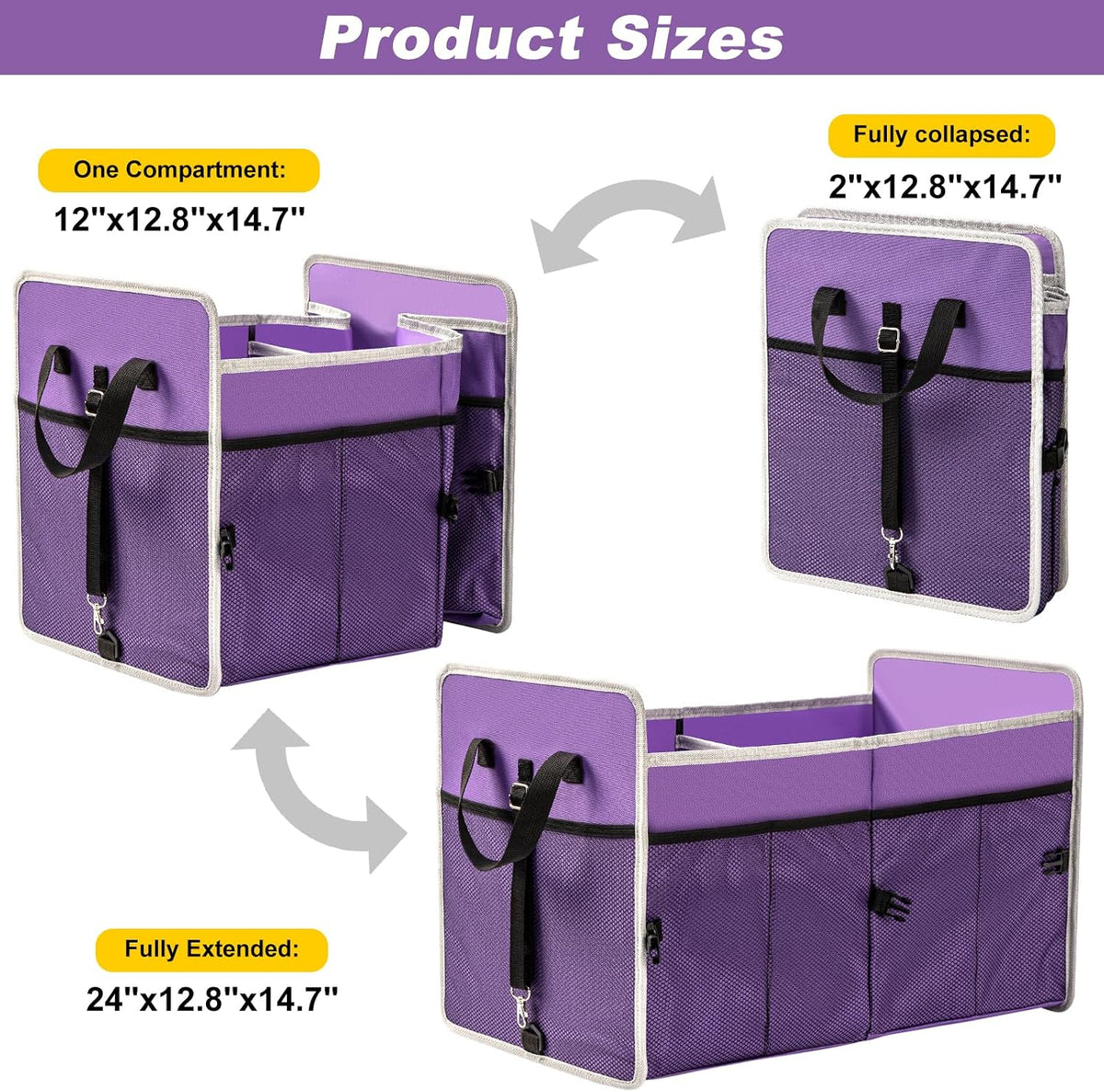 Car Trunk Organizer with Individual Cooler Bag - 2 Compartment Collapsible Car Storage for SUV (Purple)