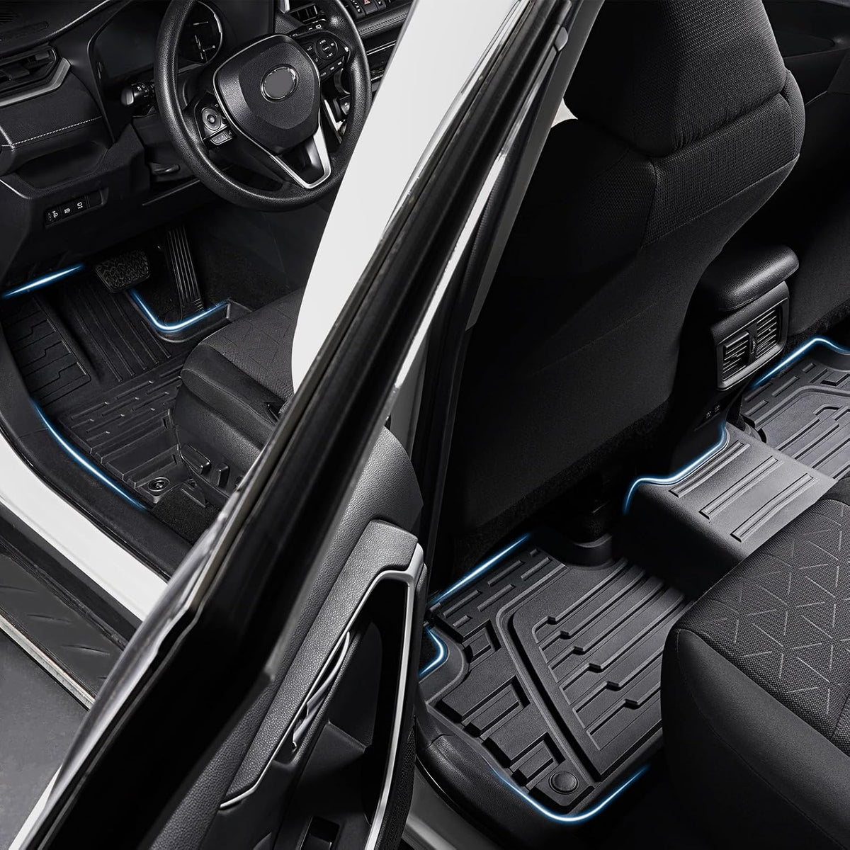 Floor Mats Set for Toyota RAV4 2019-2025 (Both for Gas & Hybrid), Extra Door Sill Guards, All Weather TPE Cargo Mat Backrest Mat Cargo Liner Car Accessories