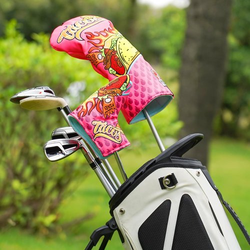 LZFAN Golf Club Head Covers Driver Fairway Hybrid Golf Club Headcover Wood Leather Protector Heavy Embroidered Pink Taco Driver