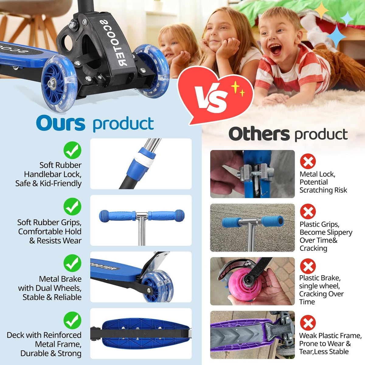 Skiennix Kick Scooter for Kids 3-7 Years - Light-Up Three-Wheel Design, Adjustable Height, Foldable, Stable Dual Rear Wheels