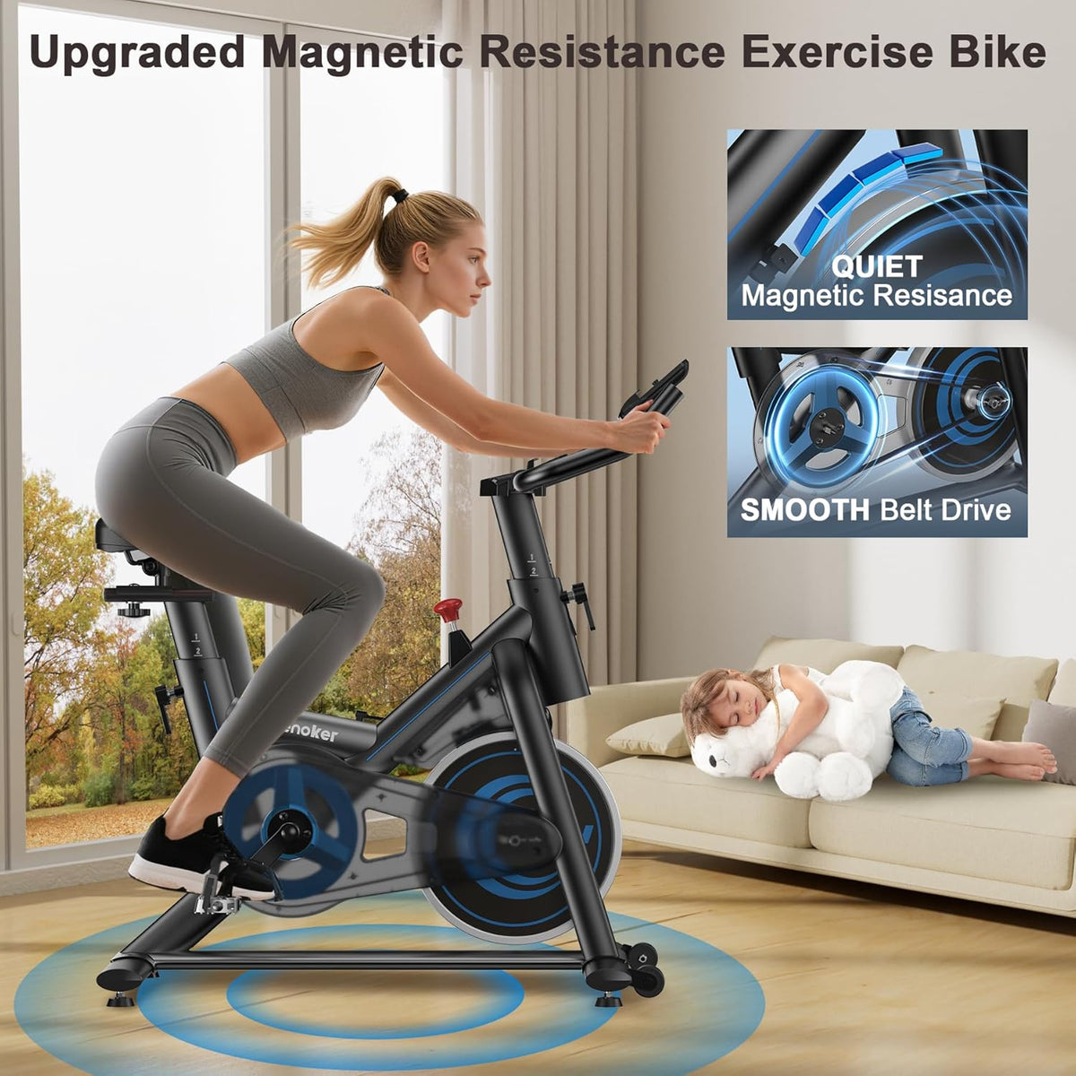 Skiennix Exercise Bike - 350LB Magnetic Resistance Indoor Cycling with App Sync & Adjustable Seat