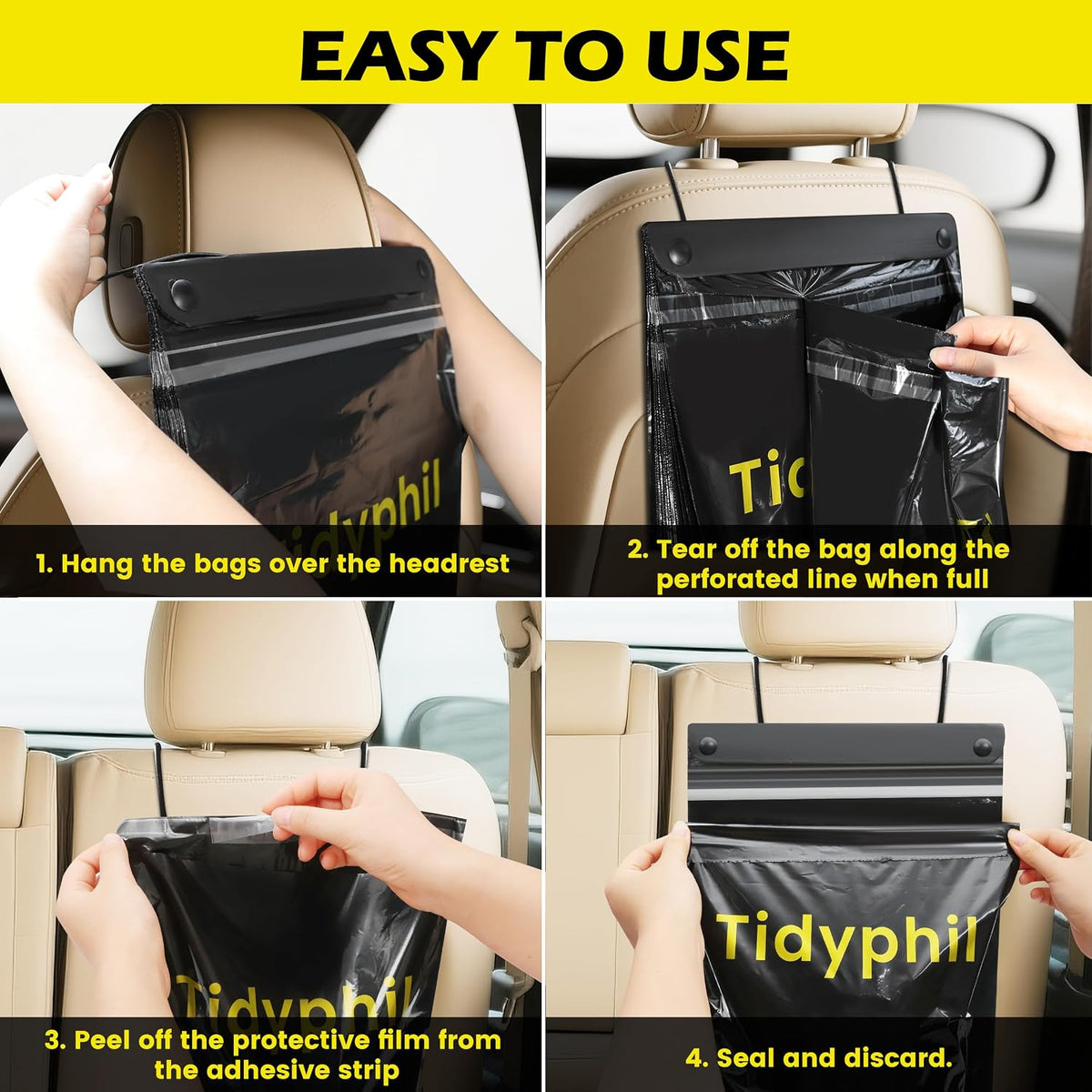 50 PCS Disposable Car Trash Bags Hanging, Leak-proof, Odor Seal. 2 Gallon Car Garbage Bags, Big Capacity. Independent of Car Trash Can, Easy Stick-On Car trash Bin for Car, SUV, Truck, Stroller. Black