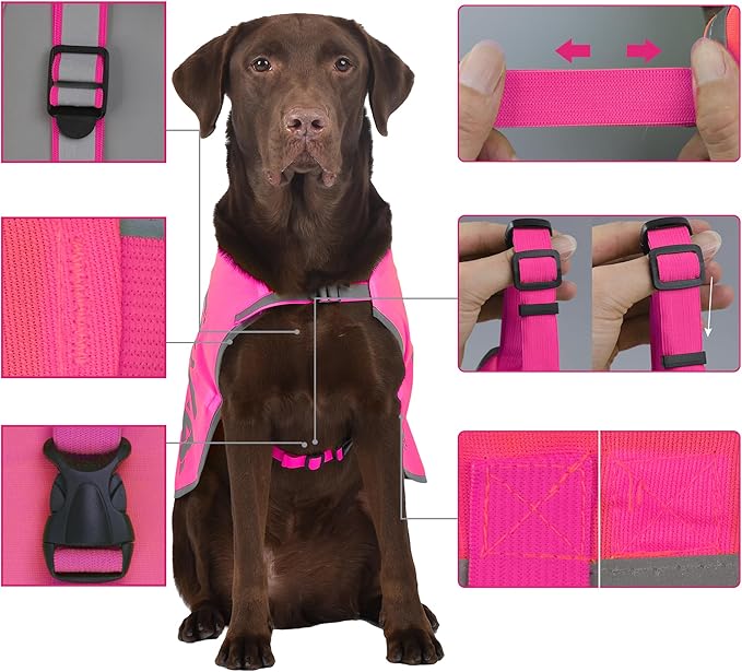 Pink Reflective Dog Vest for XXLarge Breeds,High Visibility Dog Safety Vest Harness with Removable Bell Keep Safe from Hunting, Training & Cars Accidents