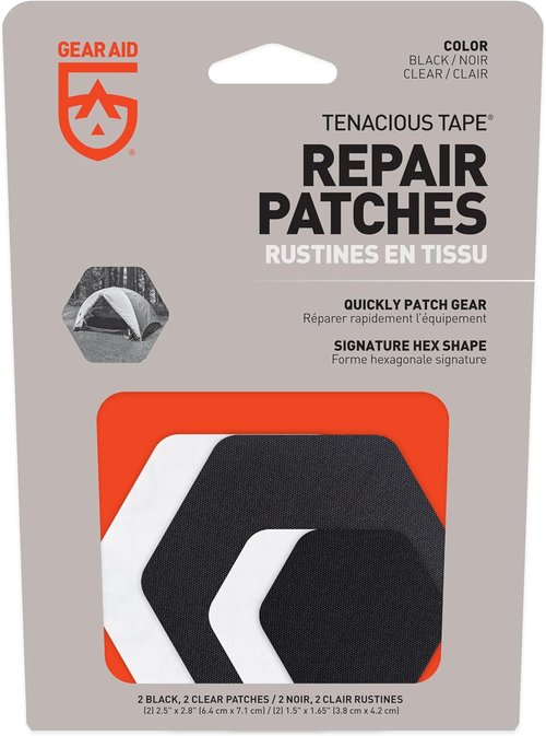 GEAR AID Tenacious Tape Hex – Repair Patches for Down Jackets & Tents | 4-Pack (2.5” & 1.5”, Clear/Black)